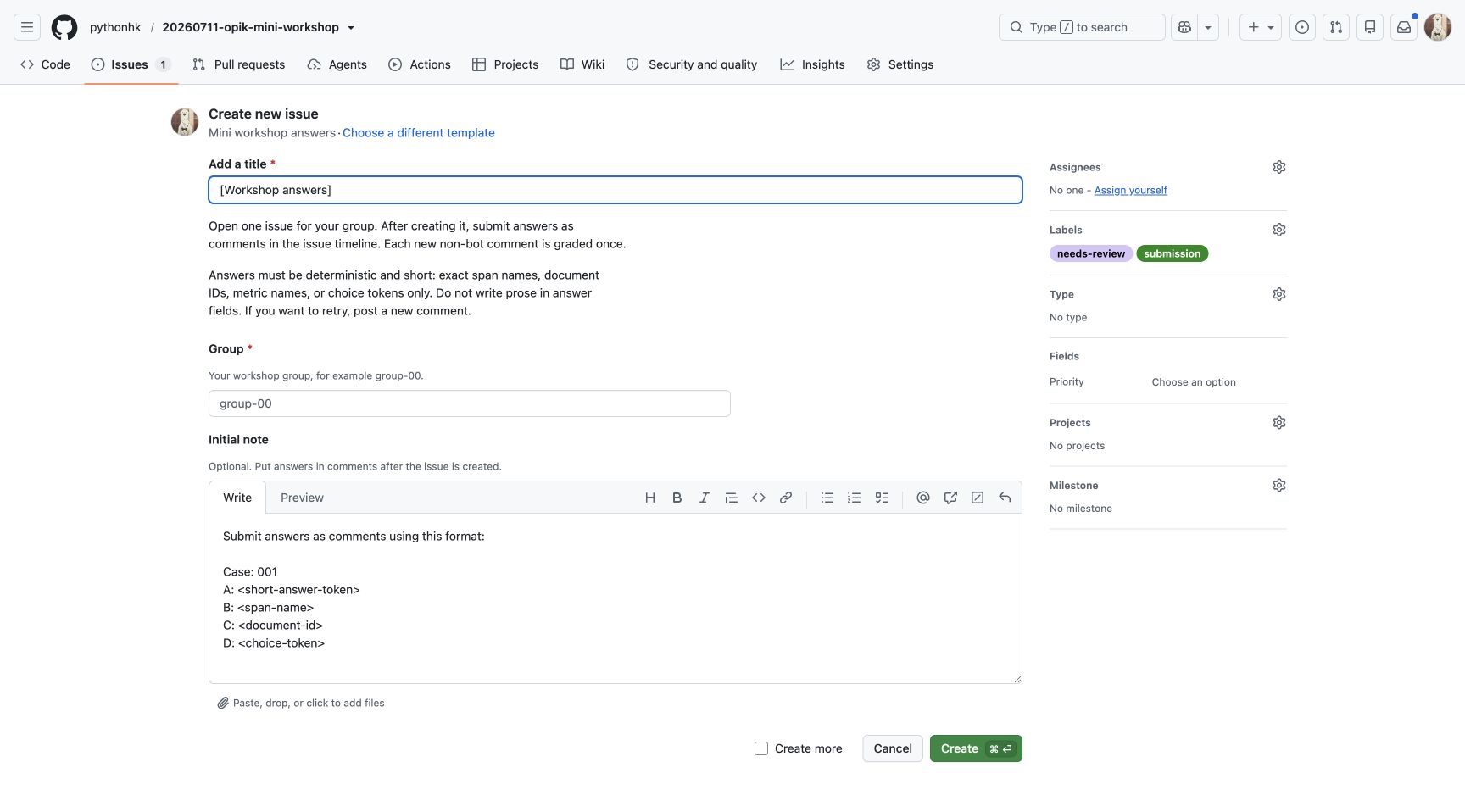 GitHub Mini workshop answers form showing the title, group field, answer format, and Create button