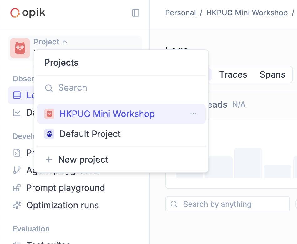 Opik project menu with HKPUG Mini Workshop selected above Default Project